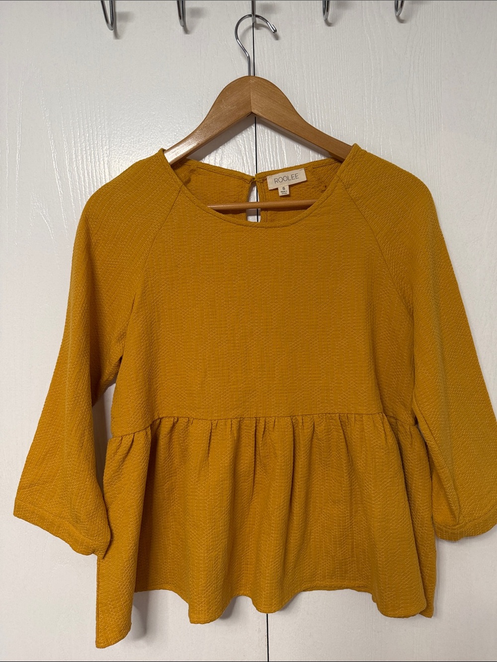 Roolee Mustard Textured Peplum Long-Sleeve Top Sz Small